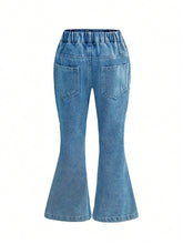 Streecool Kids Young Girl Blue Washed Relaxed Casual Heart Shaped Flare Jeans, Stylish Simple Design For Daily Wear